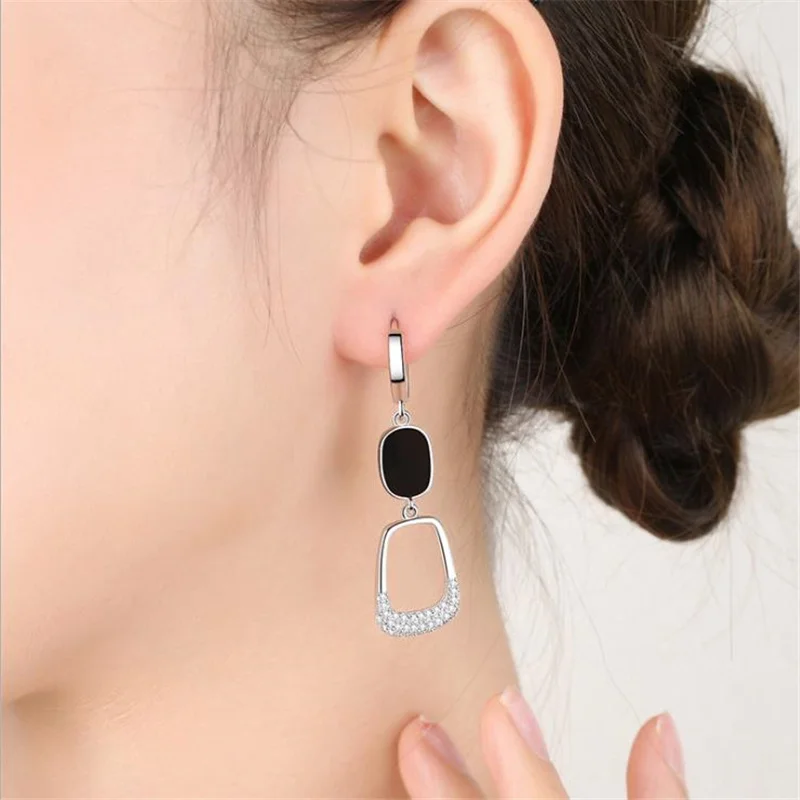 Trendy 925 Sterling Silver Earrings Women Long Accessories On Ear Personality Zircon Black Square Drop Earrings Female Bijou Hot