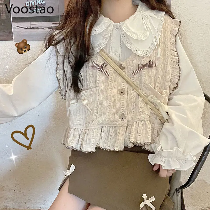 Spring Autumn Sweet Lolita Bow Knitted Sweater JK Cardigan Women Cute Sweater Vest Coat Korean Chic Ruffles Sleeveles Waistcoat