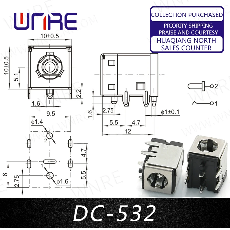 2/10Pcs DC-044A DC-532 DC Power Socket Connector PCB Installation 5.5 * 2.1MM 5.5X2.5MM Laptop Female Plug