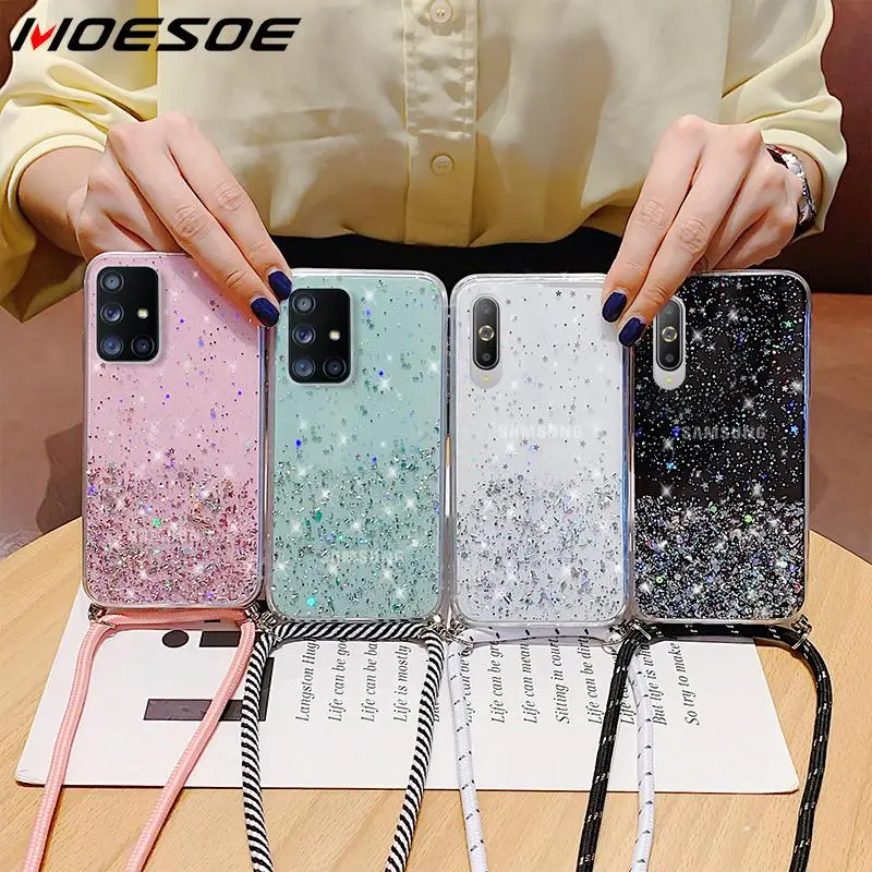 Neck Strap Rope Cord Glitter Case For Samsung Galaxy A51 S23 S20 FE S21 S24 Ultra S23 Plus S22 A14 A52 A53 A54 5G Lanyard Cover