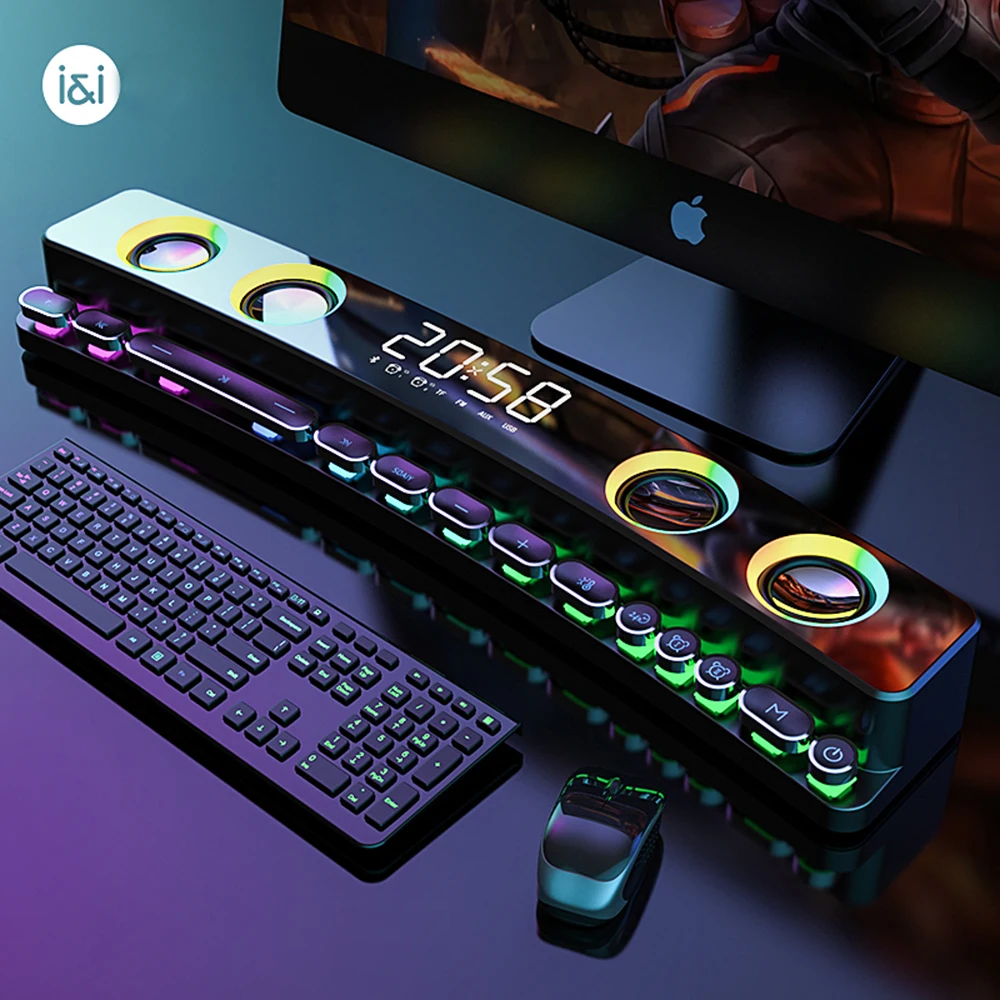 Computer speakers Bluetooth wireless gaming speakers Clock LED Display 3D stereo subwoofer AUX FM Sound bar for TV home theater