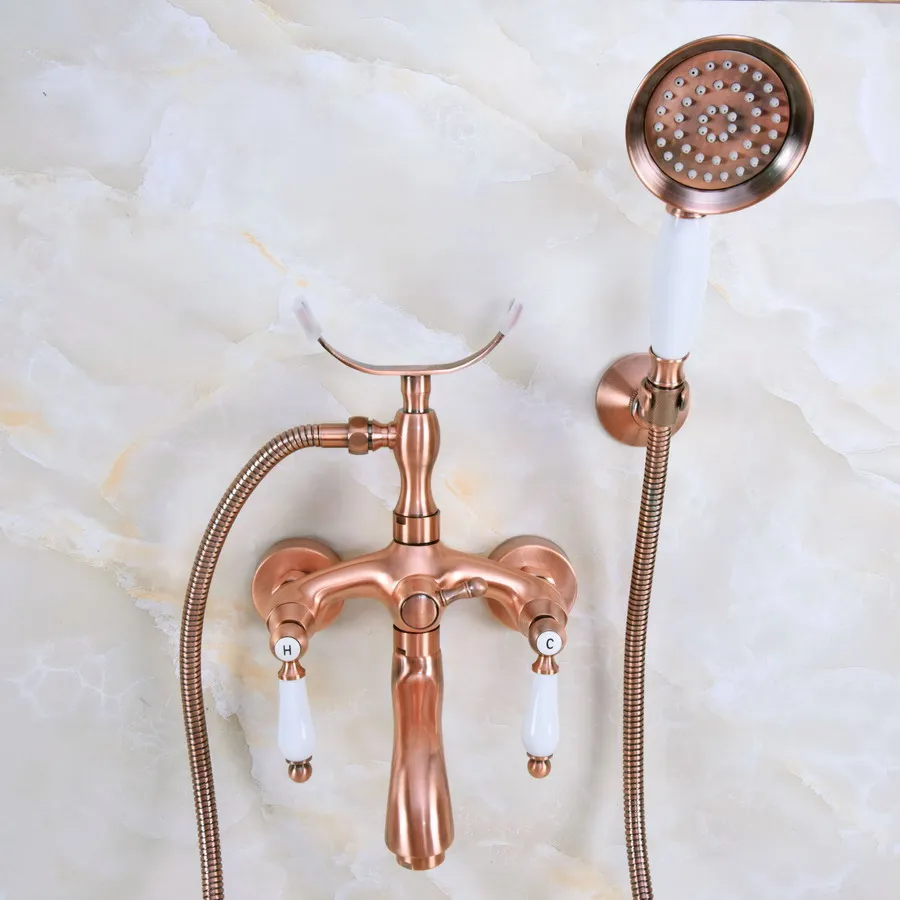 

Antique Red Copper Wall Mount Bathtub Tub Mixers Two Ceramic Handles Bathroom Bath Shower Faucet with Handshower zna363
