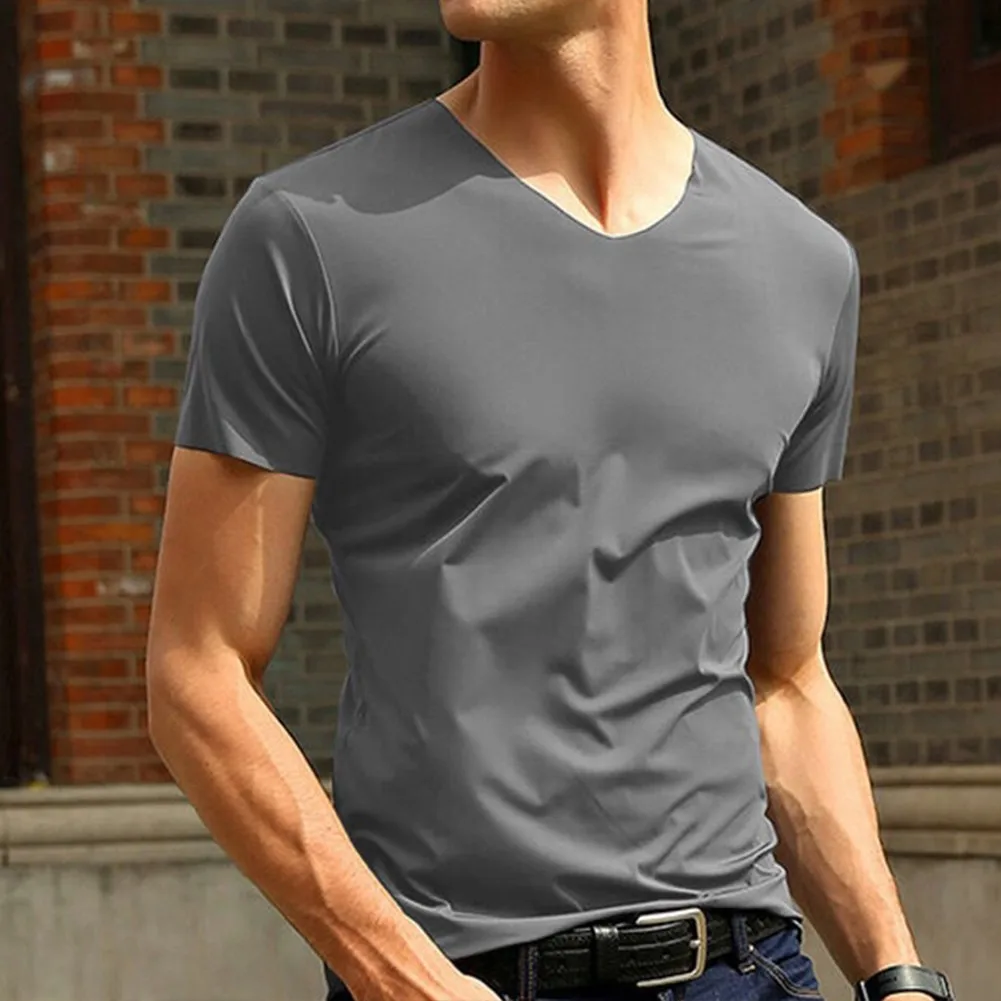 Camiseta de manga corta para hombre, camisa de seda de hielo con cuello en V, ajustada, de colores puros, de verano, 2023