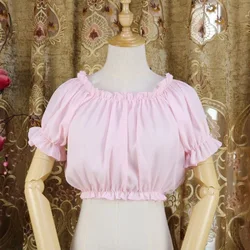 Women Lace Chiffon Semi Sheer Blouse Ruched Shoulder Off Lace Ruffle Short Sleeves Loose Undershirt Lolita Crop Top For Ladies