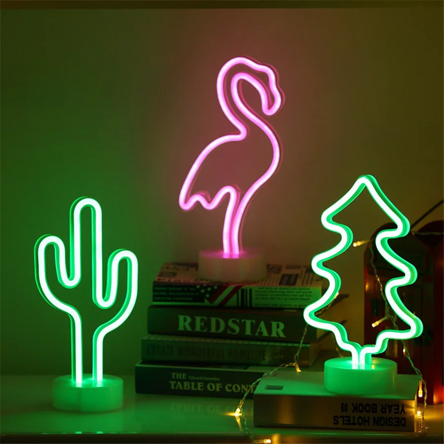 

Flamingo Cactus Shape LED Neon Sign Light Xmas Party Romantic Wedding Kids Room Home Decoration USB Battery Powered Night Lights