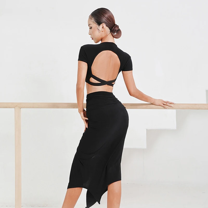 Women\'s Latin Dance Clothes Short Sleeves Tops Black Slit Skirt Adult Dress Latin Practice Clothing Tango Show Costume DNV15135