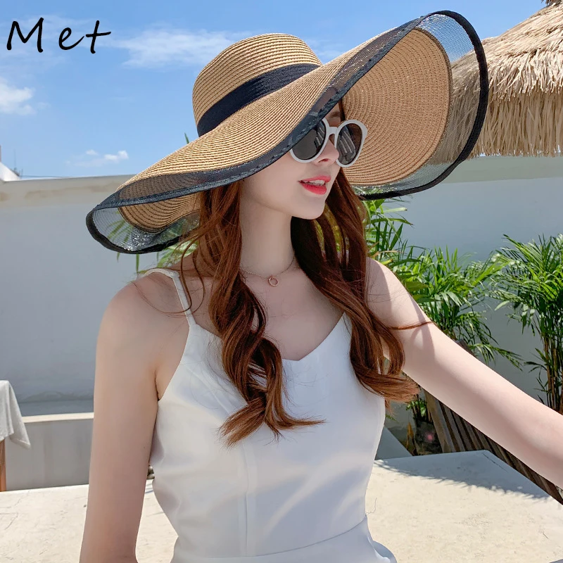 S09 Straw hat Summer New Style Black Mesh Female Summer Sunscreen Cover Seaside Vacation Holiday Foldable Beach Hat Sun Visor