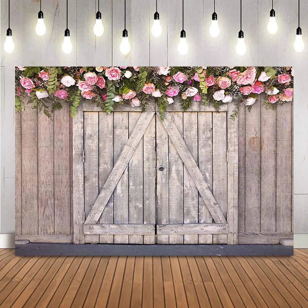 

Rustic Wood Wedding Bridal Shower Backdrop for photography studio Floral Green leaves photocall boda Warehouse wooden door prop