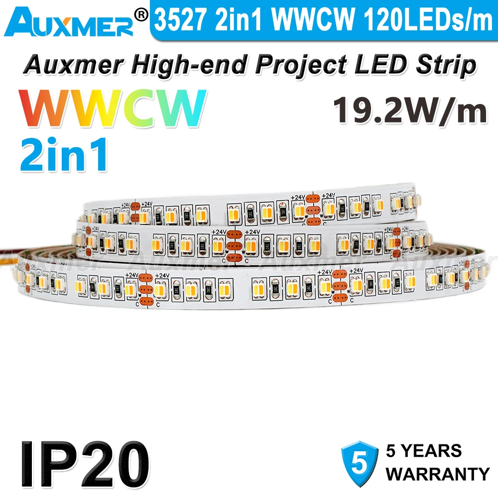 CCT LED Strip Light 3527 2in1,120LEDs/m 12V/24V,19.2W/m,WWCW Color Temperature Adjustable LED Tape,IP20 Ribbon LED Lights Strip