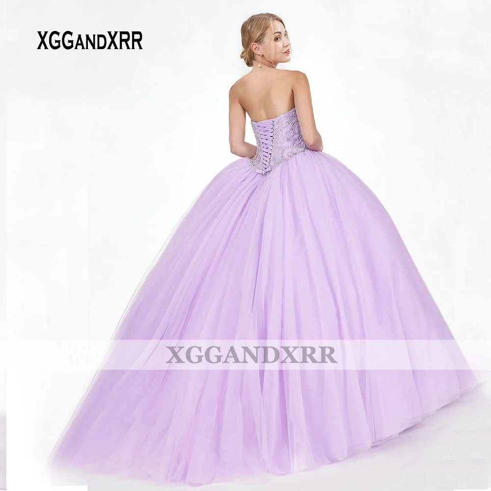 XGGandXRR chérie violet clair Quinceanera robes 2025 perles cristaux longue robe de bal robe de bal Violet Tulle robe de soirée