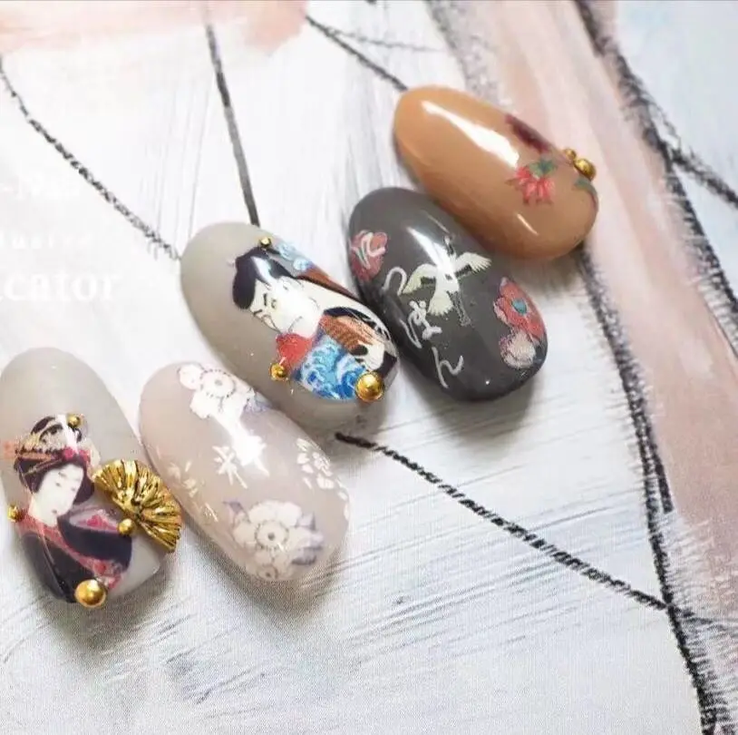 Hot Selling Japanese Style Large Version Light Tracelss Nail Stickers Ukiyoe National Wind Fingernail Decal Beauty Care for Girl