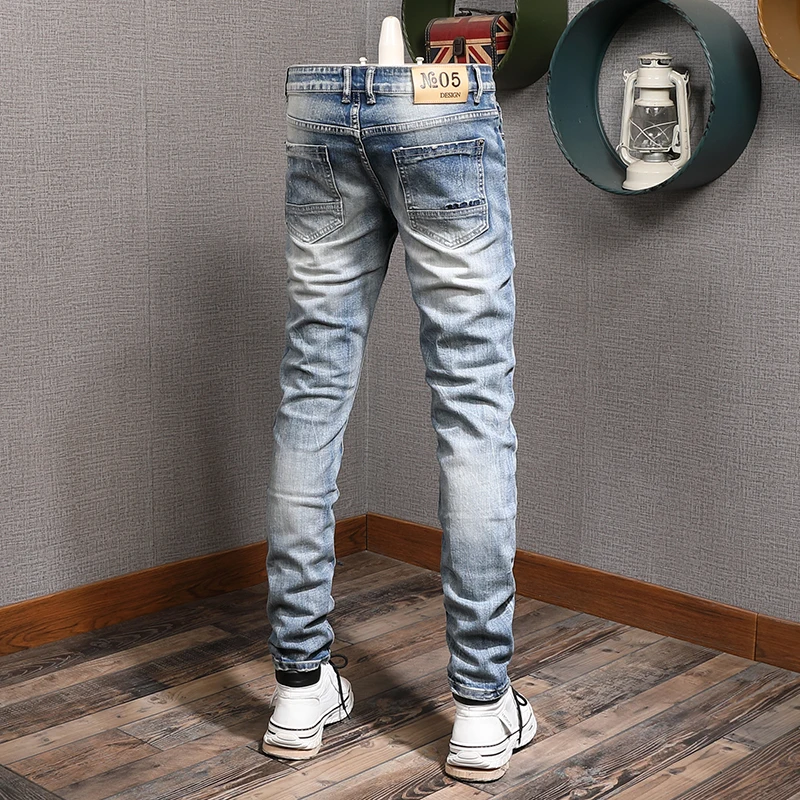 Classic Light Blue Ripped Jeans Men Streetwear Casual Slim Fit Straight Pants Cotton Denim Trousers