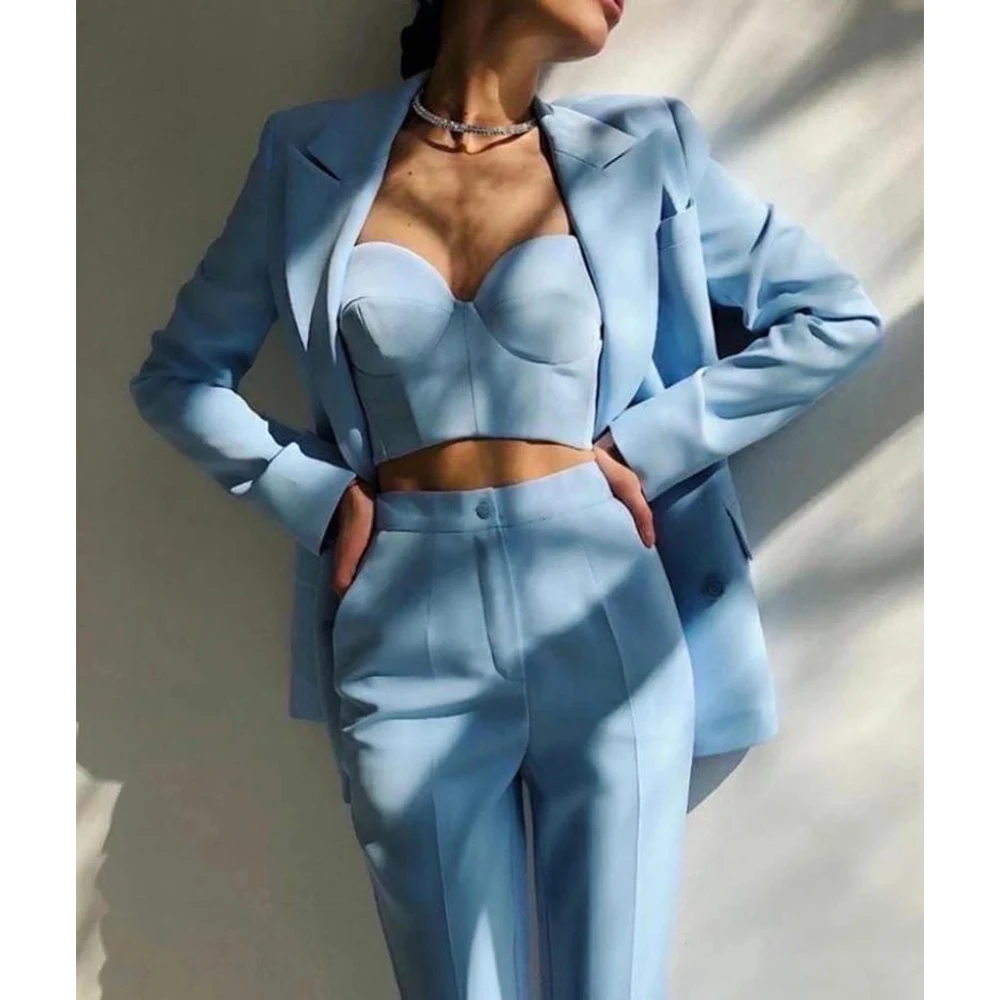 

Double Breasted Suits Women Solid Blue 3 Piece Set Jacket+Vest+Pants Mother Or Bride Office Lady Blazer Tailored Made Tuxedo