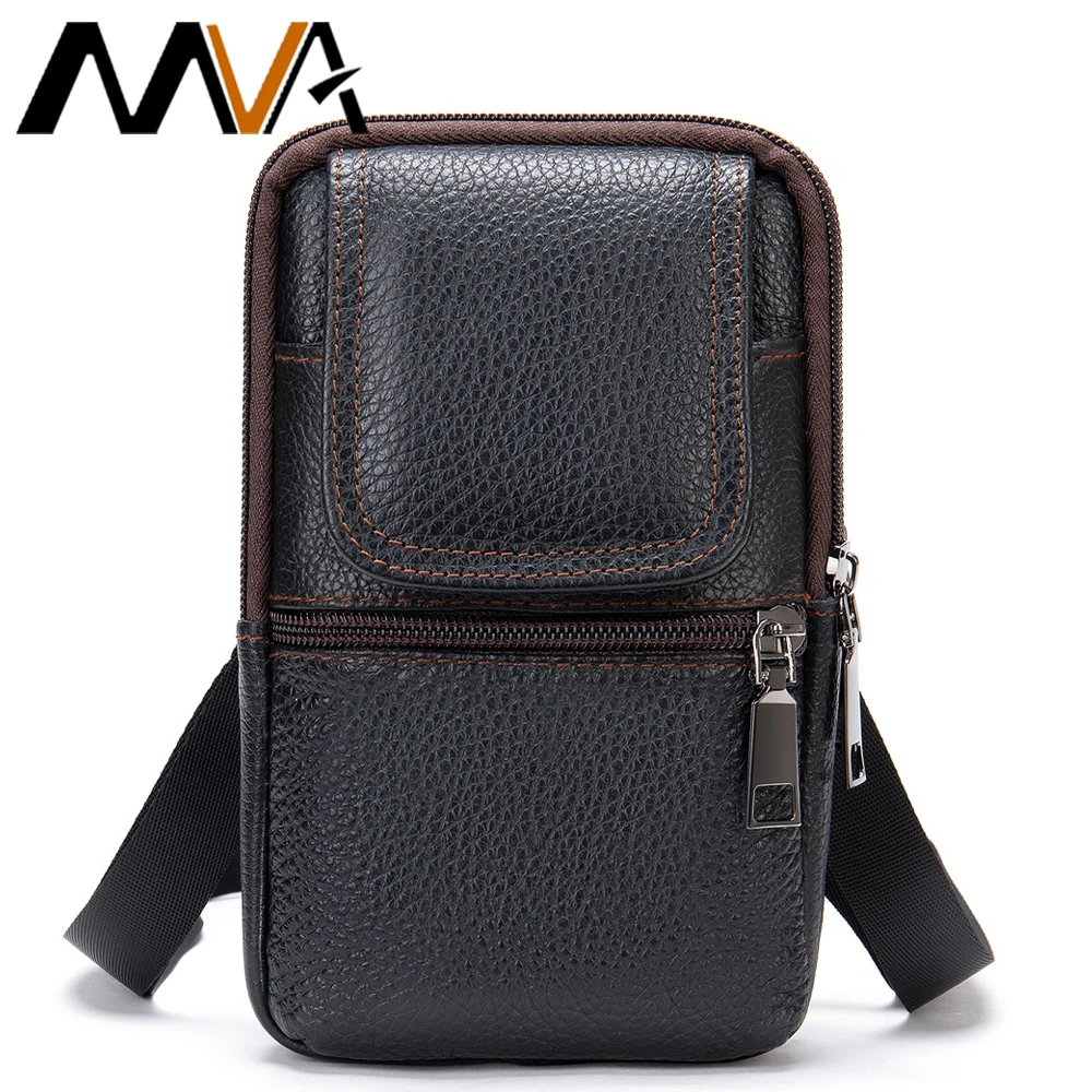 MVA Men Shoulder Messenger Crossbody Bag To Belt Man Fanny Casual Men\'s Waist Bags Leather Small Phone Pouch Cigarette Case 7488