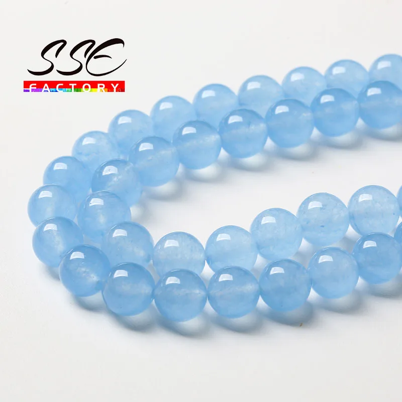 Natural Aquamarine Blue Jades Beads For Jewelry Making Round Loose Beads DIY Bracelet Necklace Accessories 4 6 8 10 12 14mm 15\'\'