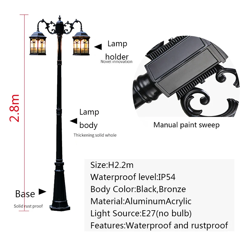 (H≈2.8M)Courtyard Street Lamp Community High Pole Lamp Outdoor Waterproof Lawn Lamp Villa Outdoor Retro Courtyard Lamp Landscape