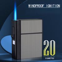 Portable Cigarette Case with Gas Spray Gun 20 Cigarettes Windproof Blue Flame Lighter Smoking Tool Gifts for Men