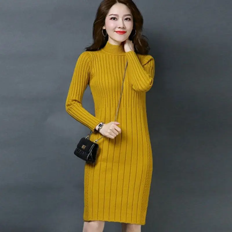 

Autumn Winter Female Short Bodycon Dress Sweater Dress Women Turtleneck Long Sleeve Thick Knit Mini Dress