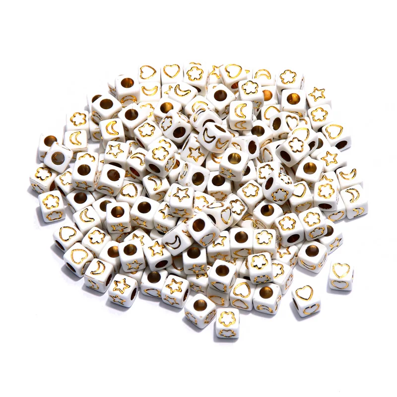 White and Gold Color Mixed Star Moon Flower Love Heart Beads 6mm Square Cube Acrylic Beads For Jewelry Making Diy Bracelet