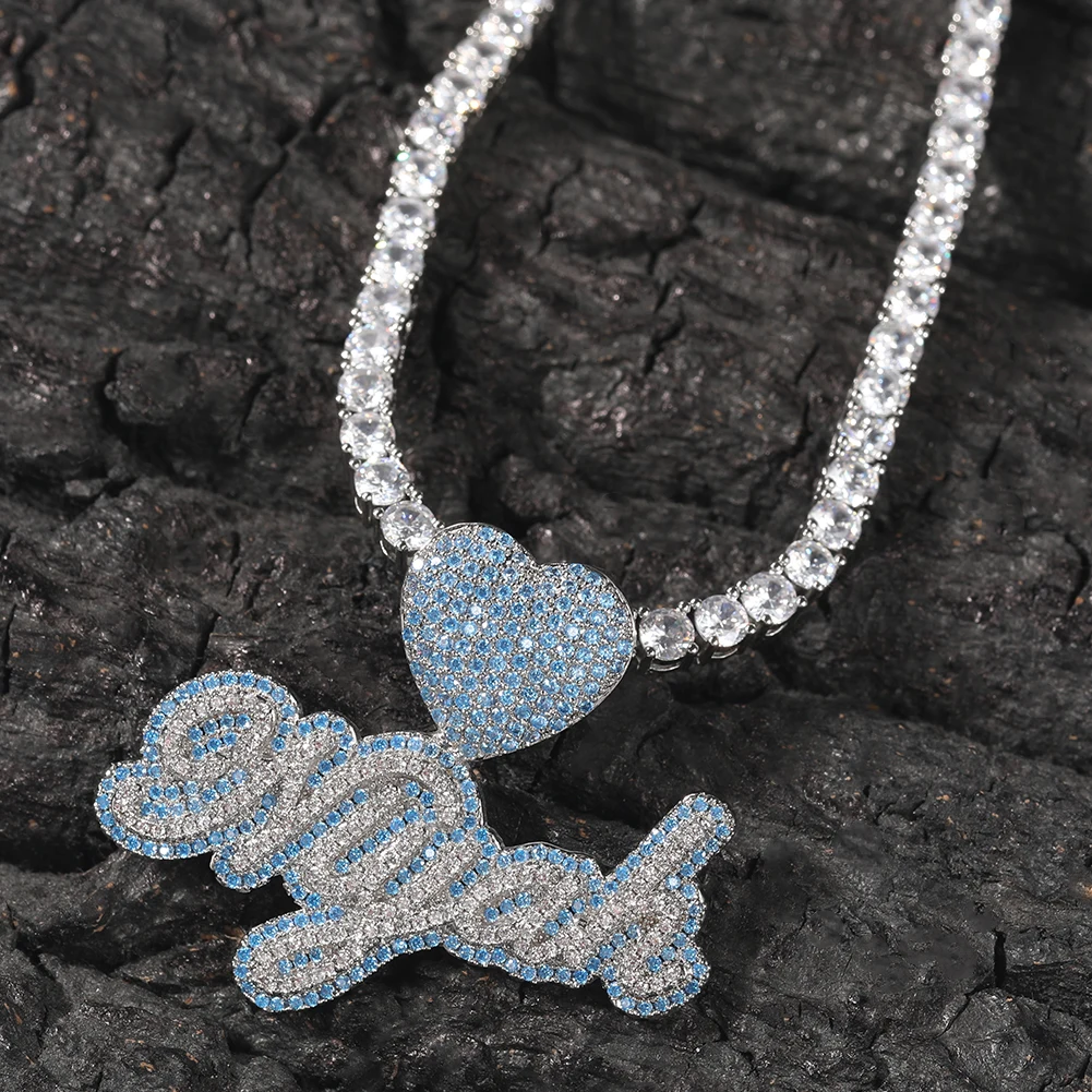 HIP HOP Custom Bubble Initial Blue  Letter Combination Words Name With Heart Clasp Necklace Full Iced Cubic Zirconia Jewelry