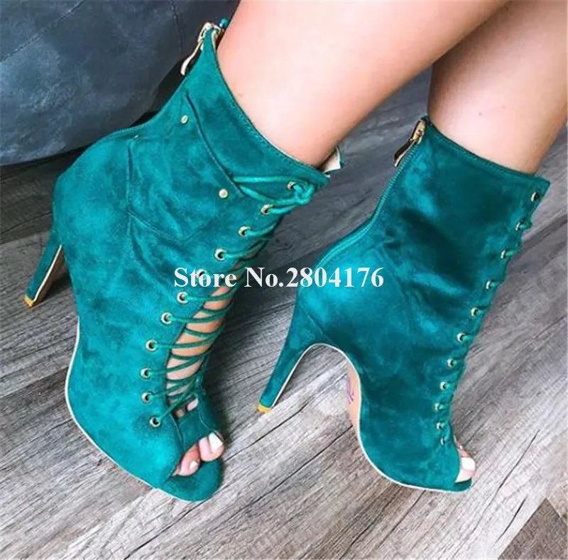 

New Fashion Women Peep Toe Suede Leather Stiletto Heel Short Gladiator Boots Blue Lace-up High Heel Ankle Booties Dress Shoes