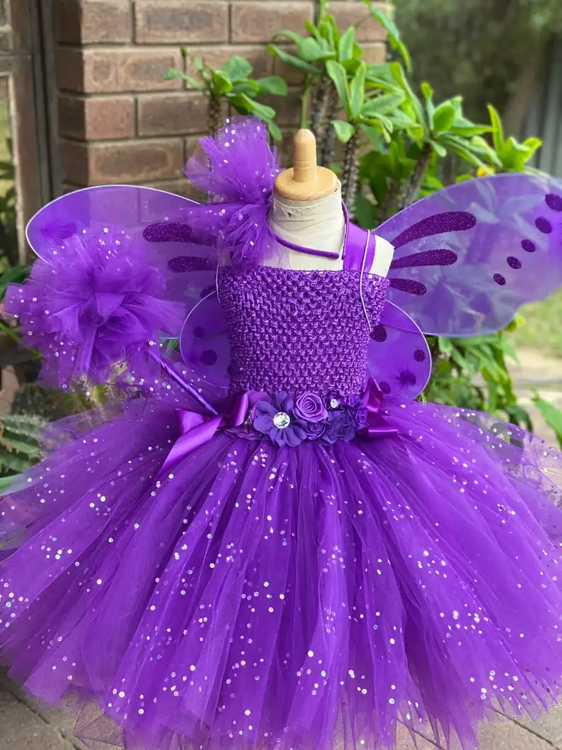 Girls Purple Glitter Flower Tutu Dress Kids Sequin Tulle Fairy Dress with Hairbow Wing Children Birthday Party Costume Dresses