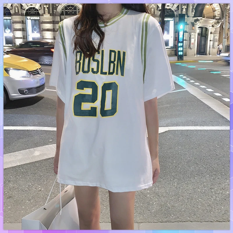 

Basketball Uniform T-Shirt Female Loose Bf Wind Korean Long Woman Tee Shirt Short-Sleeved Fake Two Ins Tide Top T-Shirts Summer