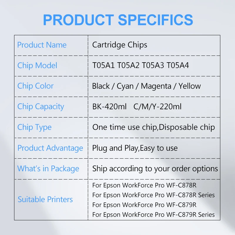 T05A1 T05A2 T05A3 T05A4 C878R C879R Ink Cartridge Chip For Epson WorkForce Pro WF-C878R WF-C879R Printer Chips - BK C M Y