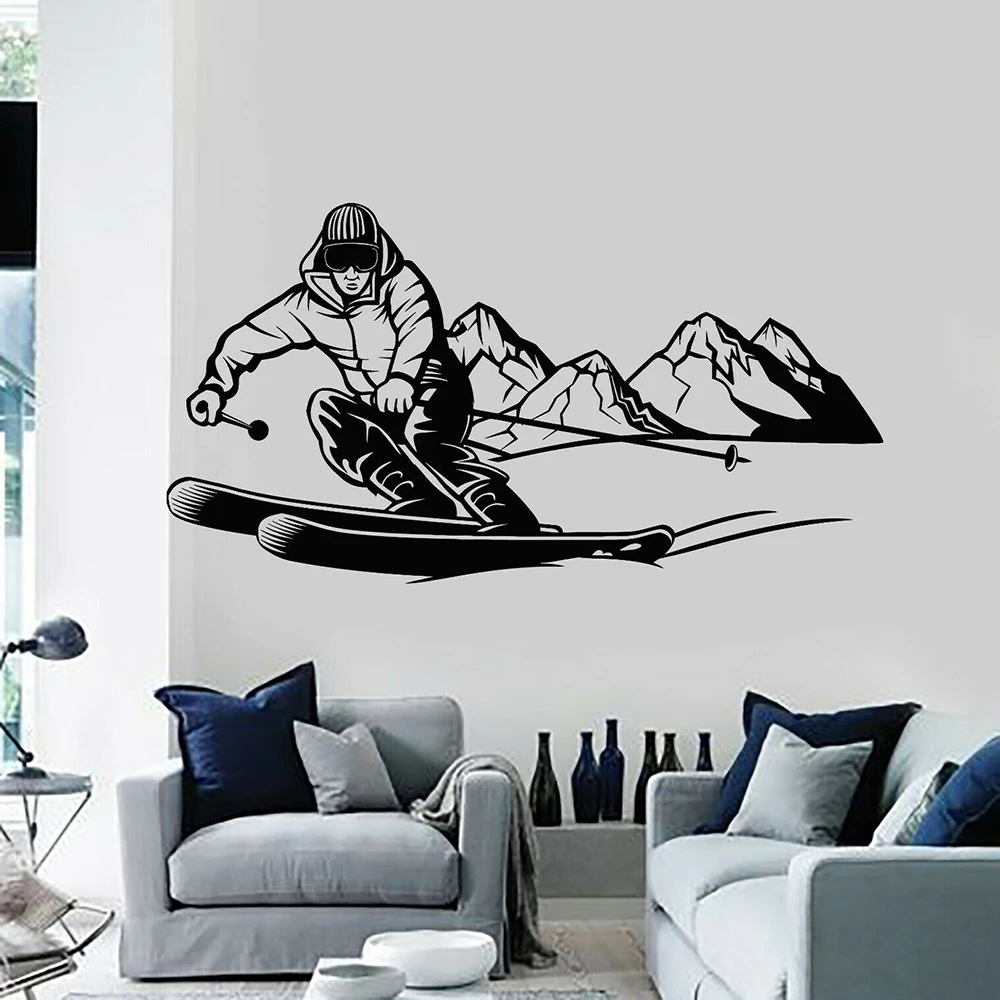 Skiing Wall Decal Skier Extreme Adventure Mountain Sport Wall Stickers Vinyl Kids Room Boys Bedroom Decoration Wallpaper X135