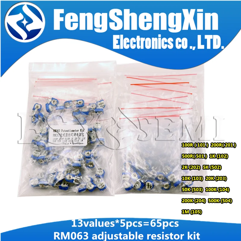 

13values*5pcs=65pcs RM063 vertical Potentiometer adjustable resistor kit 100 ohm -1M ohm 100R 200R 1K 2K 5K 10K 20K 50K 100K 1M