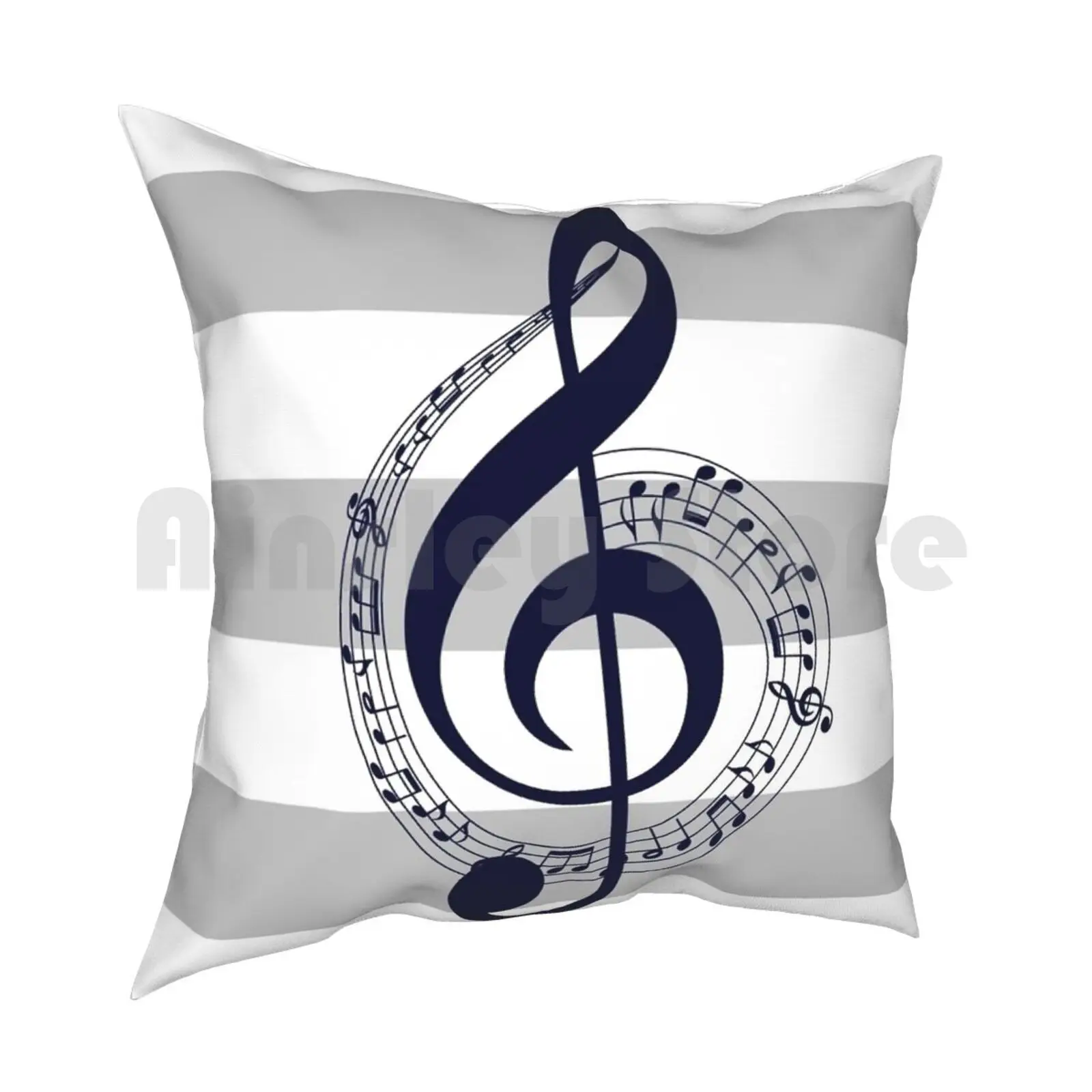 Navy Blue Music Notes On Silver Gray And White Stripes Pillow Case Printed Home Soft DIY Pillow cover Music Notes Treble