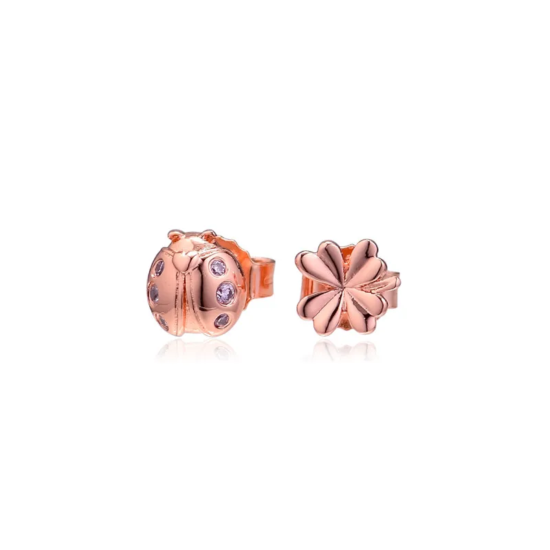 Klavertje Vier & Ladybird Rose Gouden Oorbellen Voor Vrouwen Verharde Zirkoonkristal Lente Stud Oorbellen Charm Sieraden 2019 Hot koop