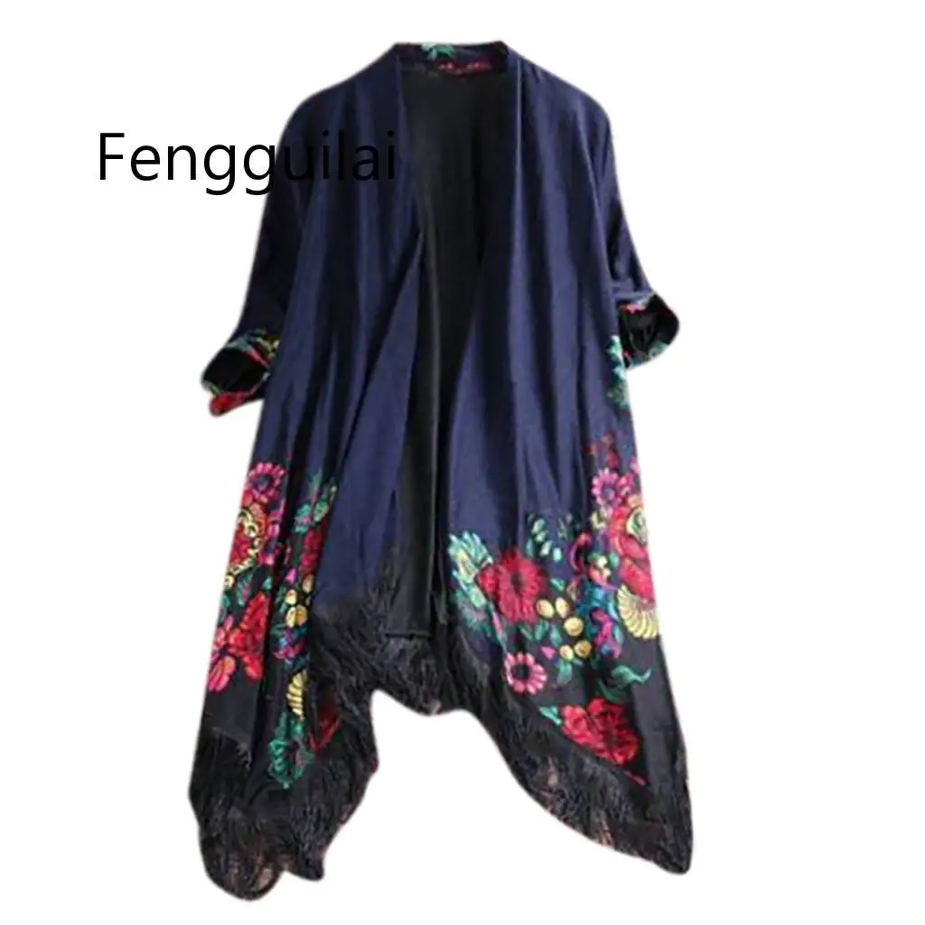 2022 FENGGUILAI   Long Women Ethnic Floral Tassel Cardigan Tops Ladies Casual Loose Outwear Jacket