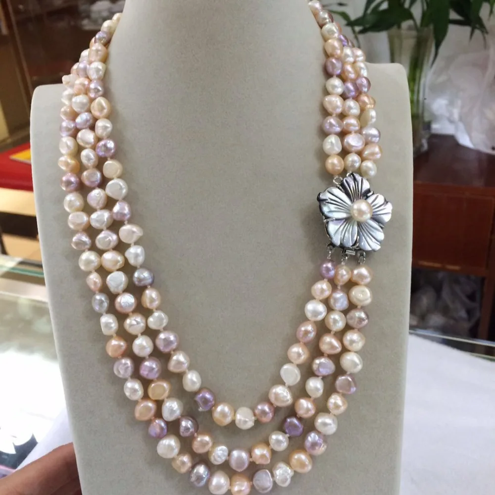 NEW 3row 8-9mm Baroque White Pink Purple multicolor Freshwater Pearl Necklace 20 inches shell flowers clasp