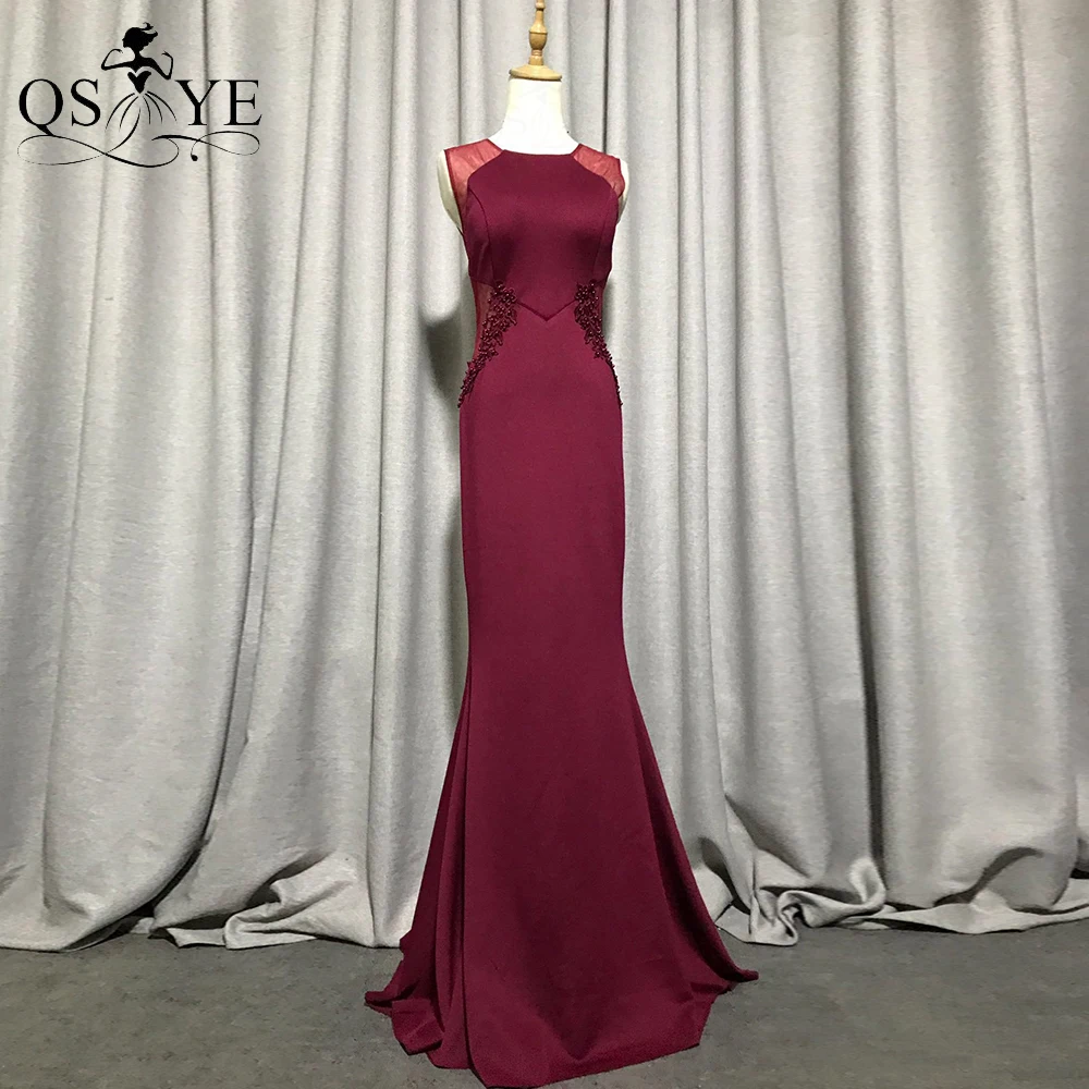 

Burgundy Satin Evening Dresses Scoop Neck Beaded Lace Appliques Mermaid Prom Gown Sheer Shoulder Waist Sleeveless Party Dress