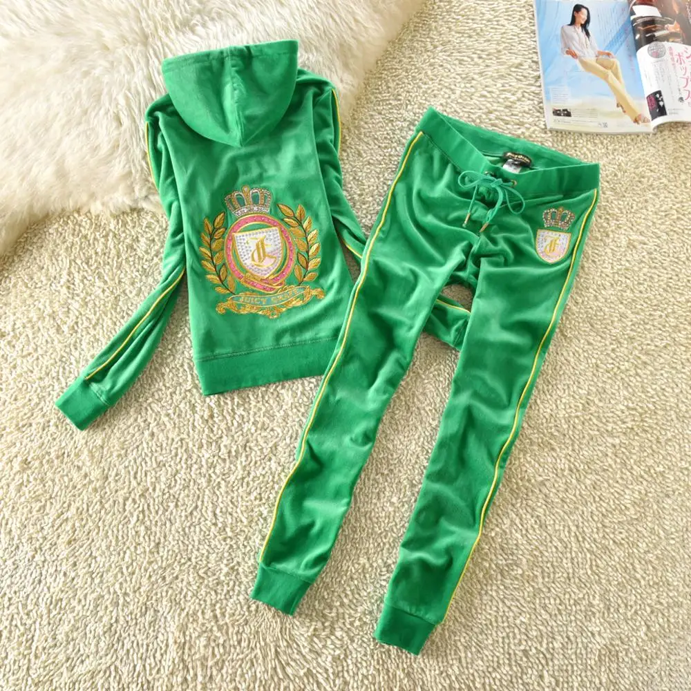 Juicy Grape Brand Spring Autumn Women Sporting Suits Pink Green gray blue Velvet Women Tracksuit suits running Sportswear suit