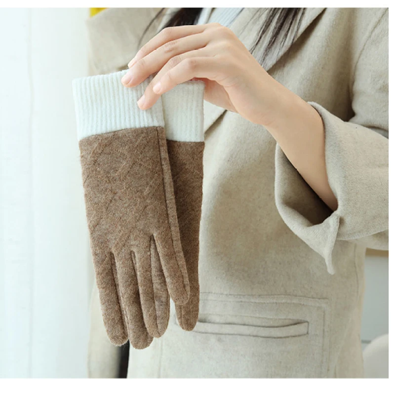 Elegant Women Winter Imitate Cashmere Keep Warm Plus Velvet Thicken Touch Screen Lattice Cycling Drive Knitting Mittens Gloves