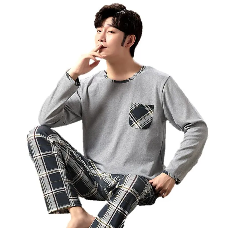 

L-4XL pure cotton pajamas men long sleeve pijama set for male casual nightie sleepwear