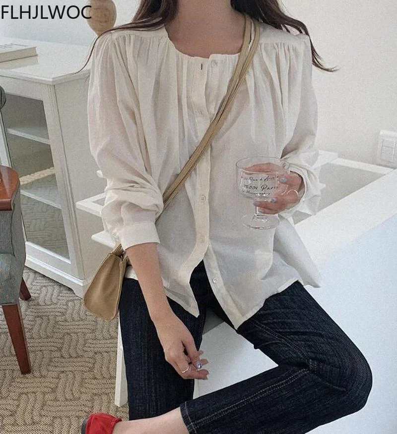 2021 Women Cute Tops Preppy Style Vintage Japaneses Korea Design Single Breasted Button Elegant Formal Shirts Blouses White