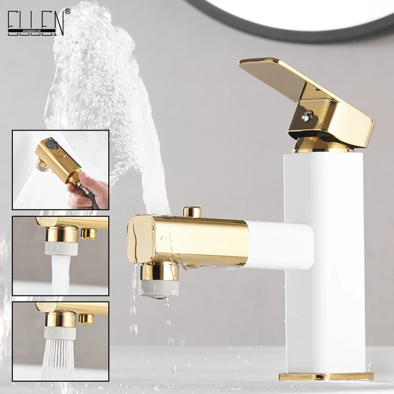 

ELLEN Pull Out Bathroom Basin Deck Mounted Sink Faucet Hot Cold Water Mixer Tap Faucets Crane with Spray Bathroom Faucet ELM1036