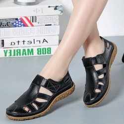 Women Sandals Split Leather Summer Shoes Woman Hollow Out Flat Sandals Ladies Casual Soft Bottom Female Beach Sandal