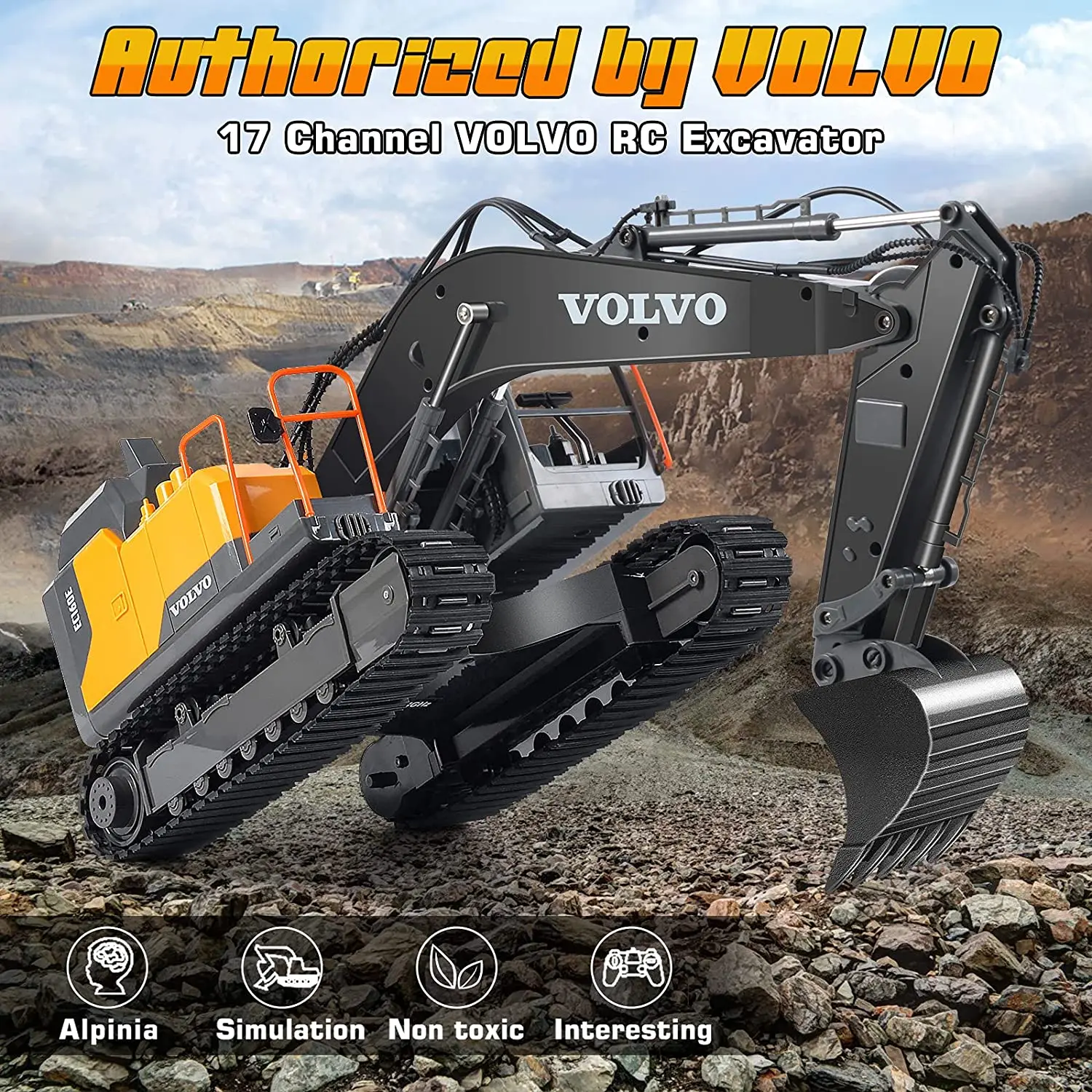 RC Excavator 3 in 1 Construction Metal Remote Control Excavator Shovel Drill 17 Channel 1/16 Full Functional Electric