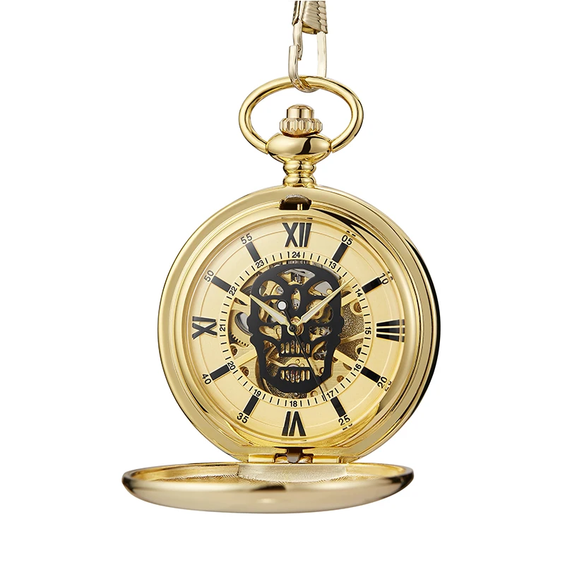 Smooth Gold Case Skull Roman Numerals Dial Mechanical Pocket Watch Luxury Golden Fob Chain Collection Clock for Men Dropshipping