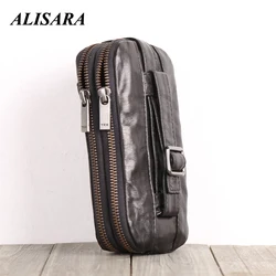 Alisara Double Zipper Clutch Bag Male First Layer Sheepskin Leather Top End Women Casual Cell Phone Wallet Storage Long Purses