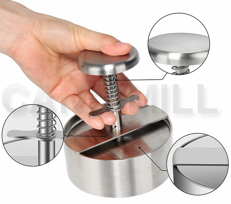 CANDIMILL รอบรูปร่างแฮมเบอร์เกอร์กดสเตนเลสเบอร์เกอร์ Maker แม่พิมพ์ทอดเบอร์เกอร์ Smasher Patty Mould