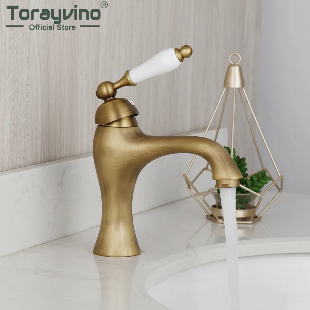 

Torayvino Antique Brass Bathroom Faucet Basin Sink Ceramics Handle Deck Mounted Bathtub Faucet Washbasin Hot And Cold Water Tap