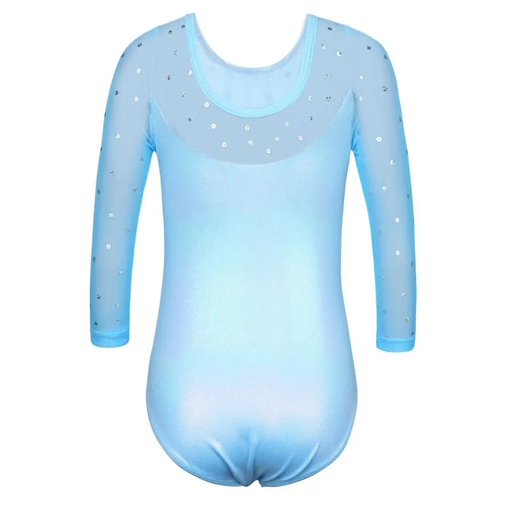 BAOHULU Girls Sparkle Gymnastics Leotard Sequin Lightblue Ballet Leotard Three Quater Sleeve Training Perfoamance Dance Bodysuit