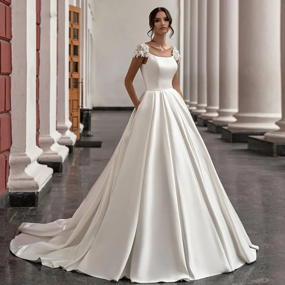 Elegante vestido de casamento de cetim para mulheres, manga de boné, pescoço redondo, trem de corte, vestido nupcial com bolsos