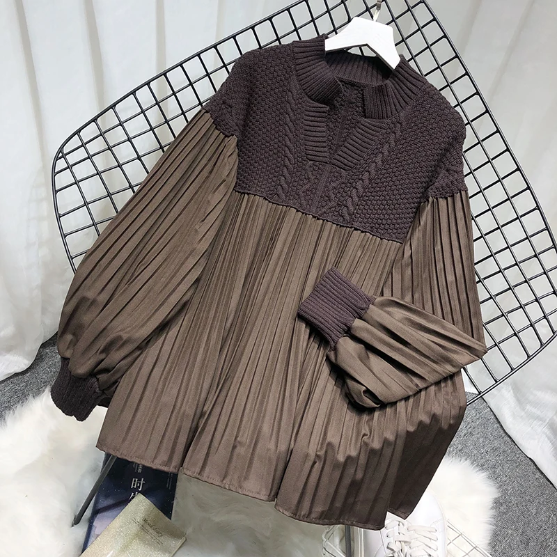 SuperAen Sweater Female Korean Design 2021 Autumn Retro Knitted Stitching Loose Oversize Ladies V-neck Sweater Shirt