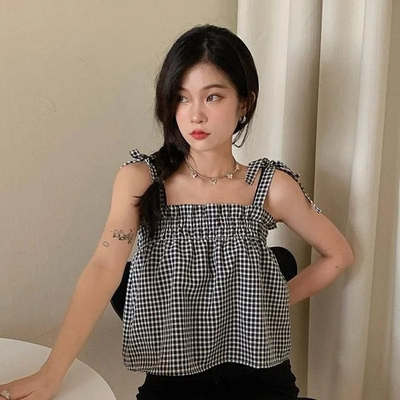 Camis Women Summer Crop Tops Loose Vintage Plaid Sexy Sleeveless Bandage All-match Casual Off Shoulder Korean Style Kawaii Chic